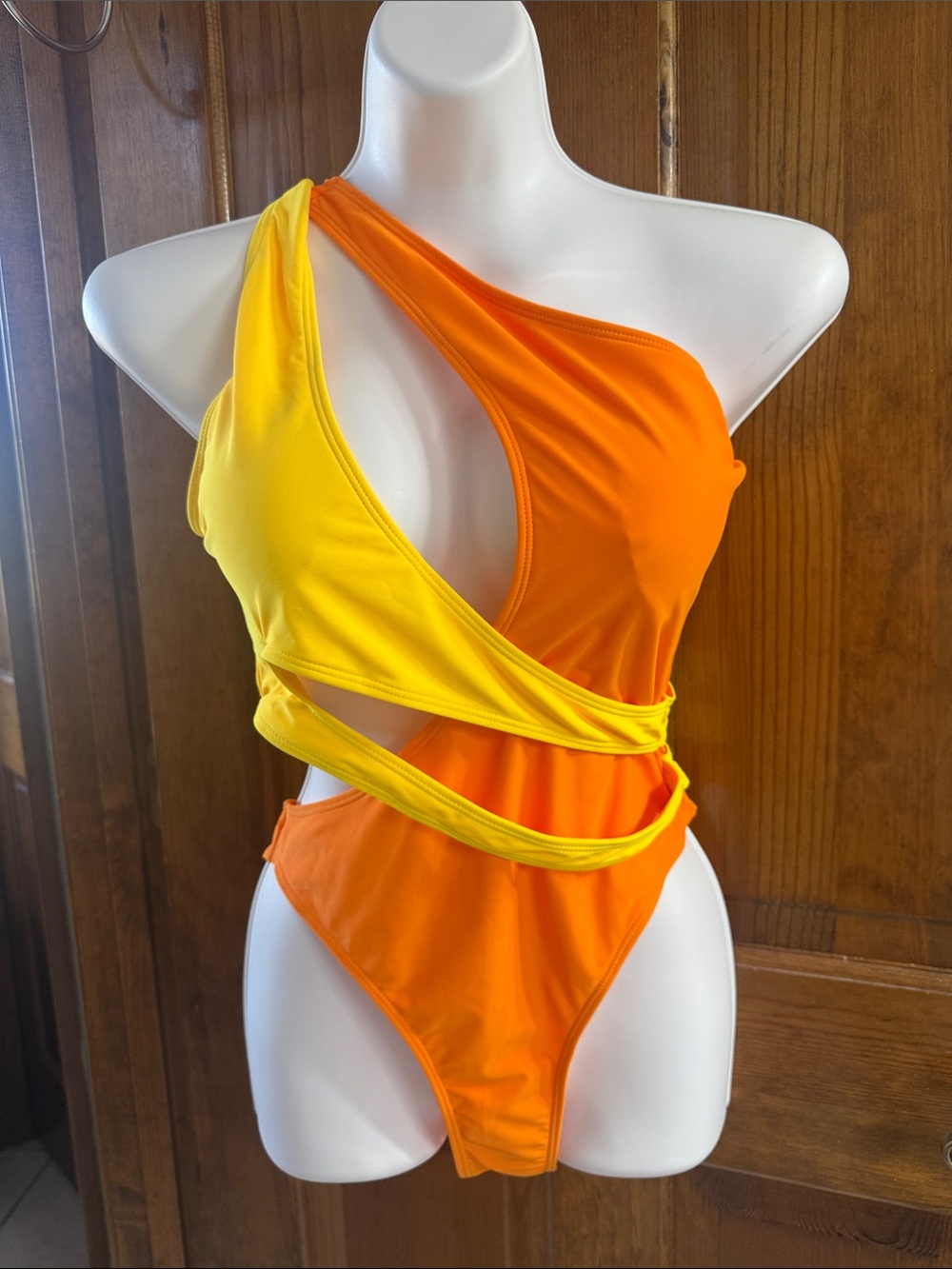 SHEIN Yellow & Orange Asymmetric Cutout One-Piece Swimsuit